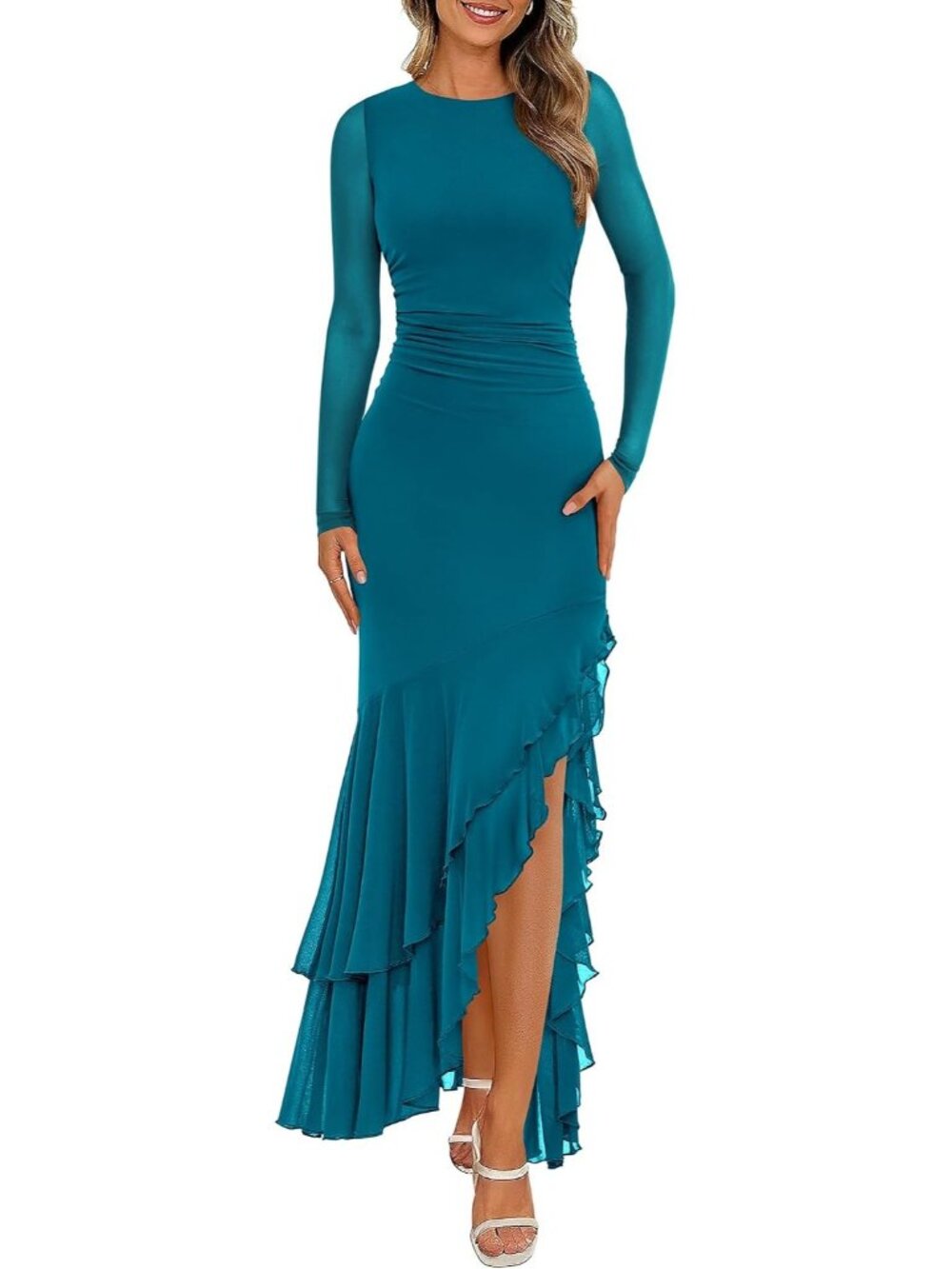 Women's Lake Blue Long Sleeve Bodycon Ruched Wedding Guest Maxi Party Dresses